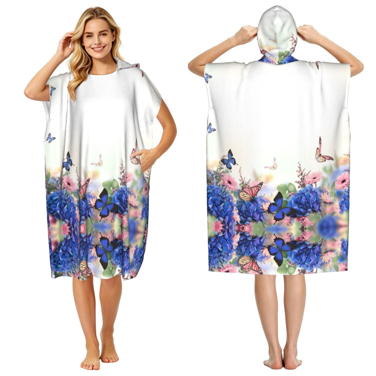 EZDLOWVBA Daisies Butterflies Print Hooded Poncho Microfiber Beach Towel,Adult Women & Men Changing Robe,Lightweight Summer Surf Swim Bath Poncho Towel