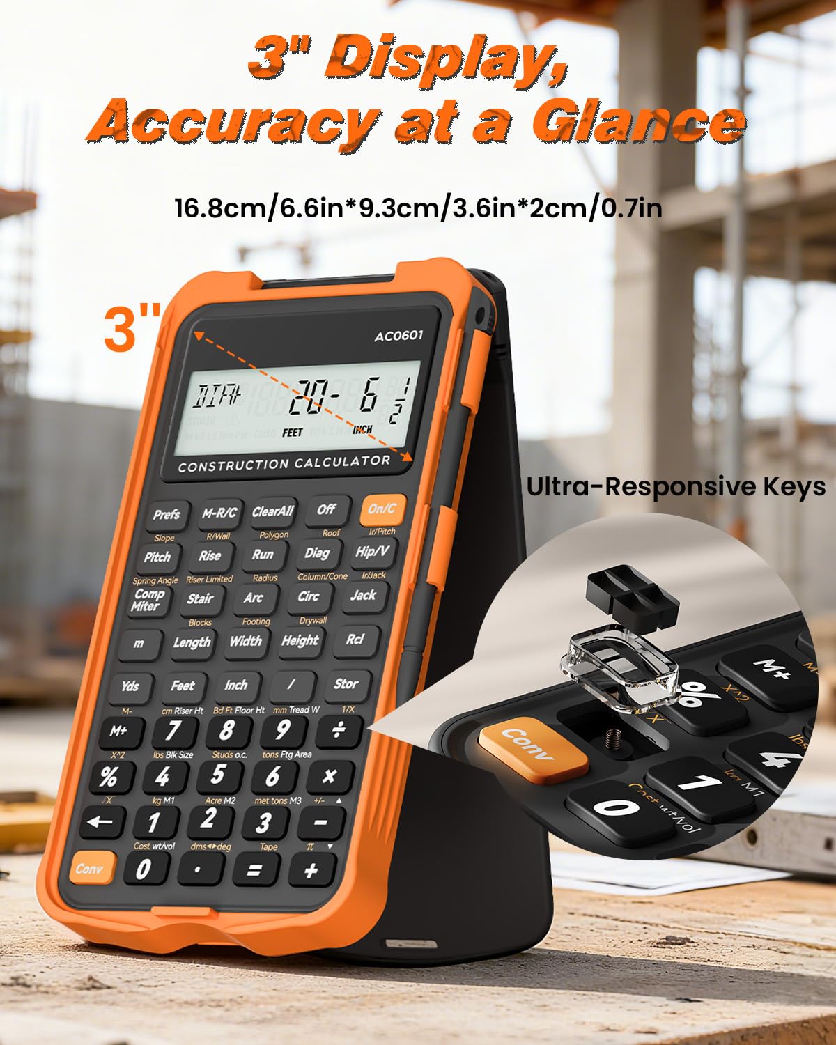 Calculadora de construcción con tableta de escritura industrial y científica ROATEE calculadora de ingeniería para contratistas, calculadoras de bolsillo de pies-pulgadas-fracción de hormigón para