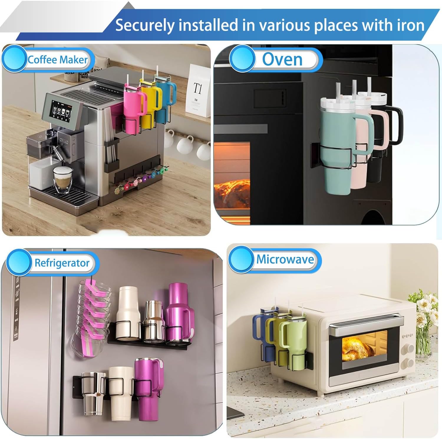 Magnetic Fridge Cup Holder for Stanley 20/30/40 oz with Tumbler Lid Organizer, Strong Magnetic Water Bottle Storage Rack (2Pack 4Cups) - Image 6