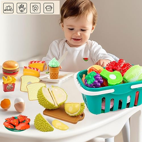Miniatura 5 de Juego de 141 piezas de comida para niños, juguetes de cocina con cuchillo, cesta de almacenamiento, juguetes educativos de aprendizaje para niños a