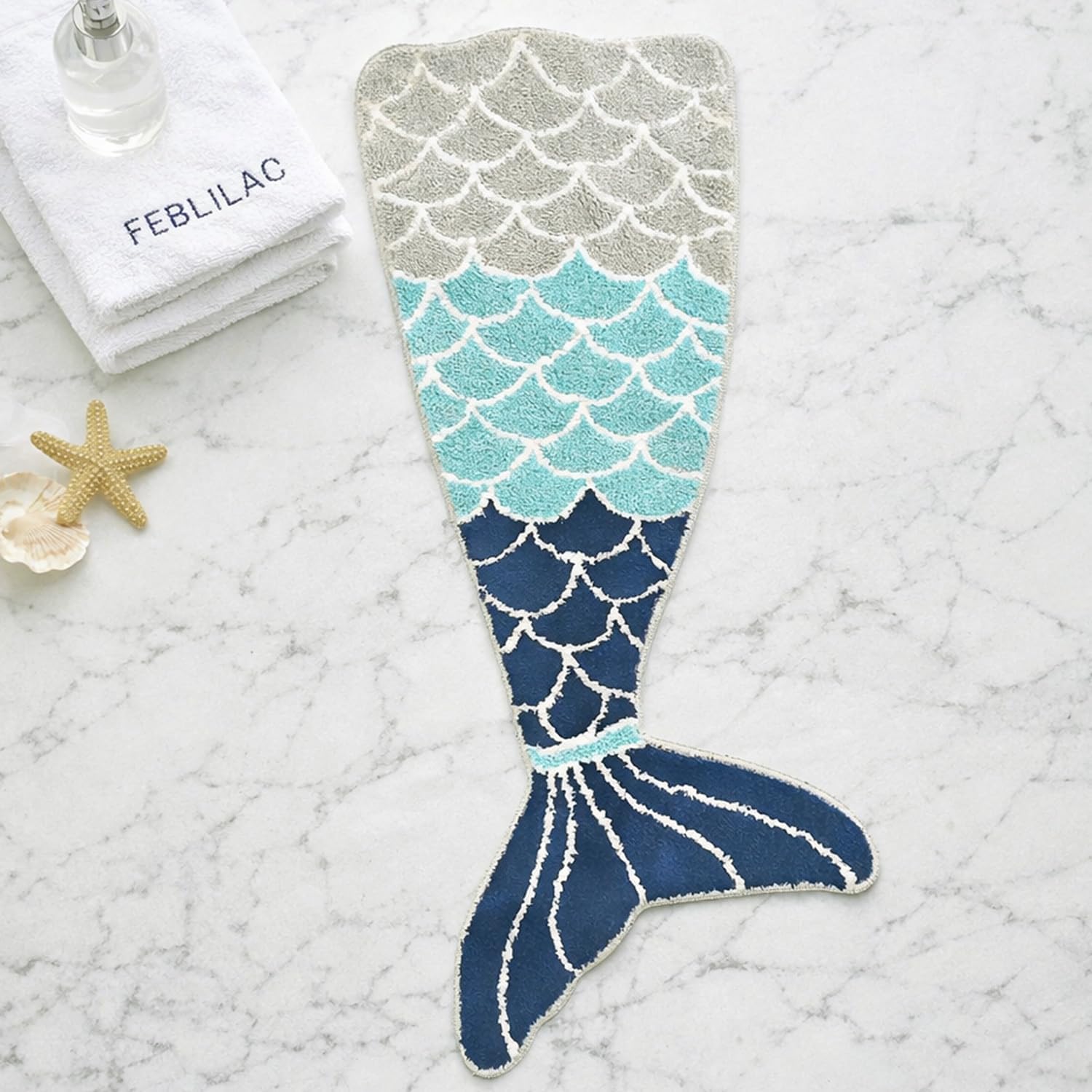 Blue Mermaid Bath Mat, Lovely Animals Tufted Bathroom Rug, Water Absorbent Non-Slip Bathroom Floor Mats, Soft Microfiber Woven Mat