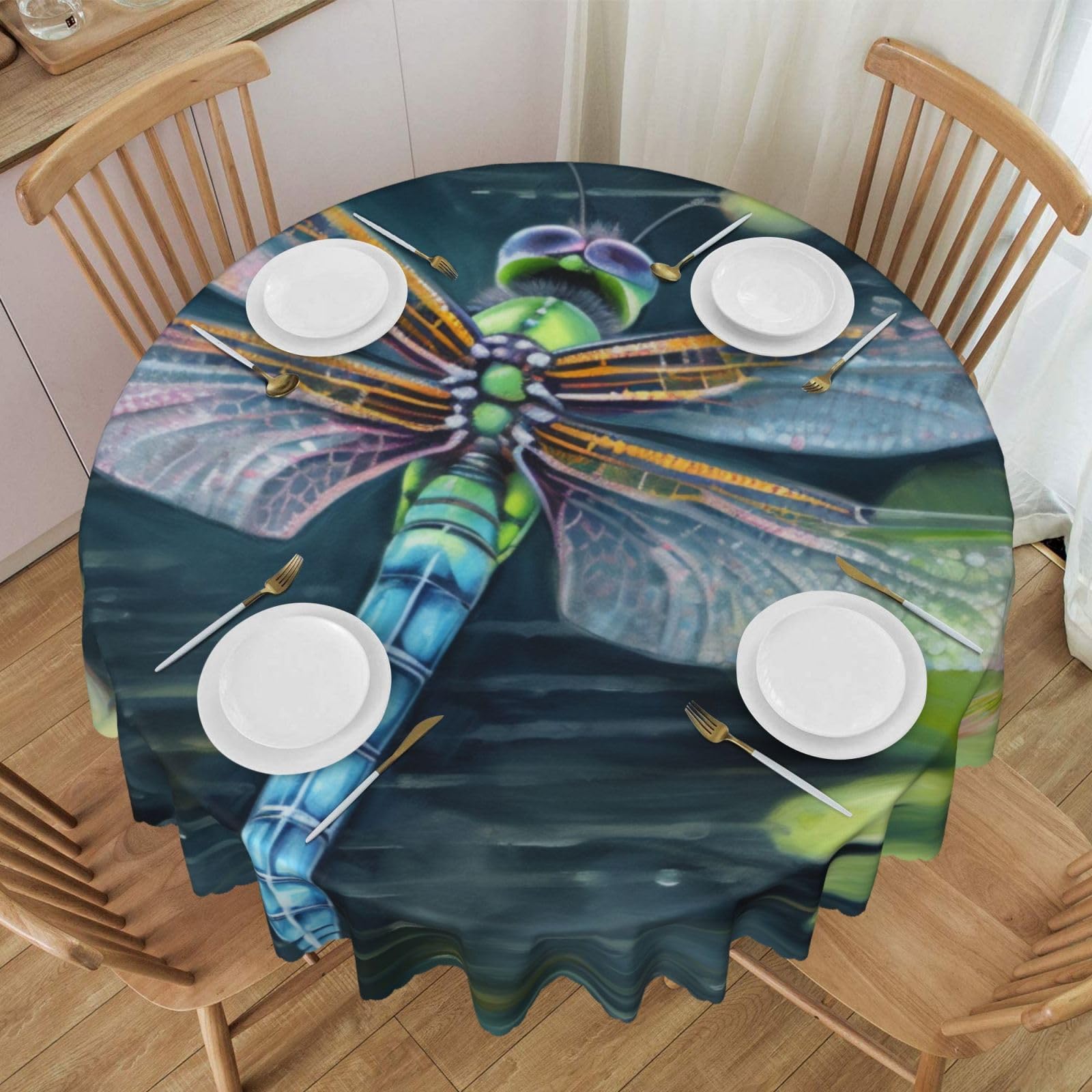 Nappe ronde imprimée libellule imperméable et antitache pour la table