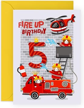 CENTRAL 23 Kids Birthday Card - Happy Fifth Birthday - Fire Truck Helicopter - 5 Year Old - Greeting Card Gift For Boy - With Stickers