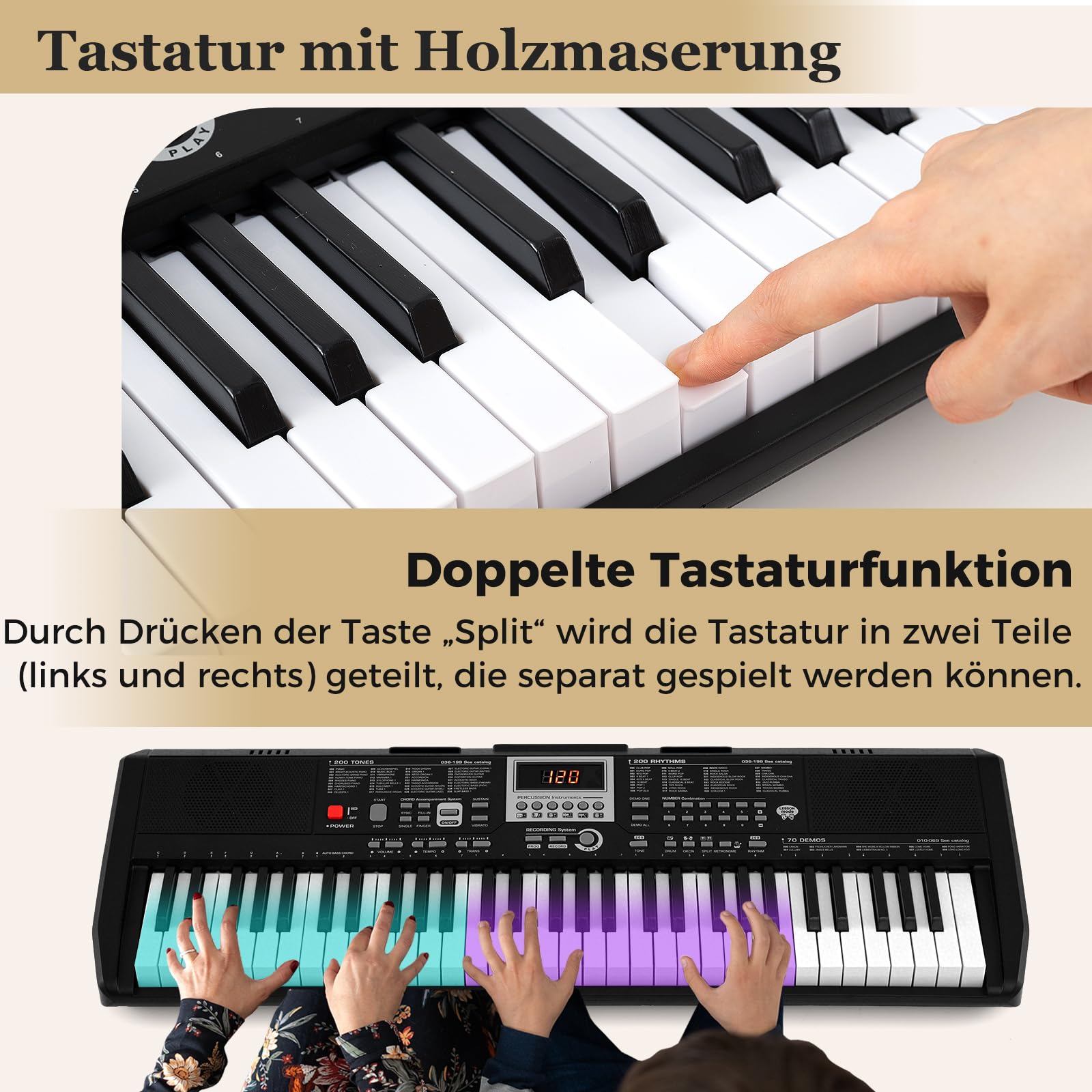 GOPLUS Klawiatura elektroniczna 61 przycisków, pianino elektryczne z 200 dźwiękami, 200 rytmami i wyświetlaczem LED, pianino cyfrowe z głośnikiem, mikrofonem, stojakiem na nuty i słuchawkami