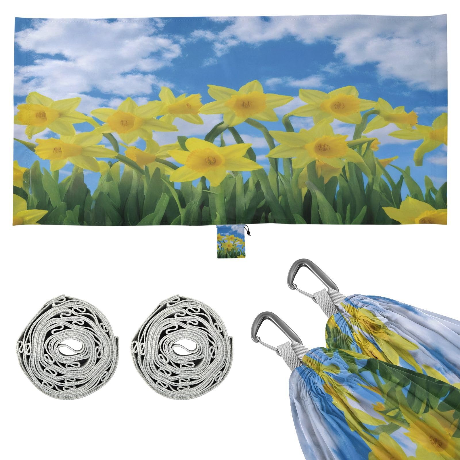 Haskirky Daffodil Flowers Sky Cloudscape Camping Hammock, Single Portable Hammocks with Tree Straps & Attached Carry Bag, 330Lbs Capacity Perfect for Outside Indoor Hiking Beach Backpack Travel