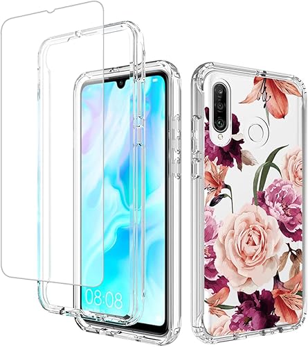 Funda para Huawei P30 LiteNova 4E MAR-LX3A con protector de pantalla de vidrio templado, lindo patrón floral transparente de cuerpo completo funda