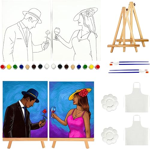 Kit de pintura y sorbo para parejas adultas, lienzo predibujado de 8 x 10 pulgadas para pintar para dos, kit de pintura y sorbo con caballete y