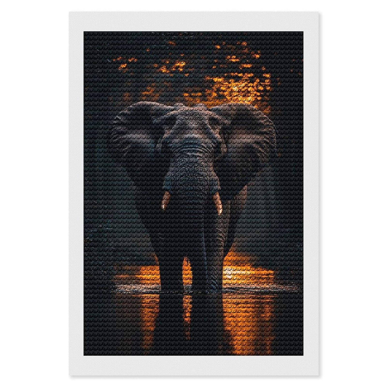 Junmoney Elephant in Water at Night Diamond Art Kit 8"x12", Holiday Gift Idea, for Women, Easy Handmade Project, Vintage Style Decor, Printed Canvas