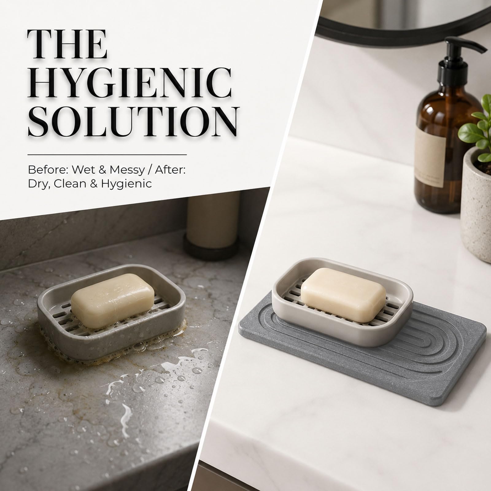 Set da 2 vassoi da bagno, sottobicchieri in diatomite assorbenti, tappetino in pietra ad asciugatura rapida per piano cucina, portasapone per bagno e cucina (grigio, 21 x 10 cm)