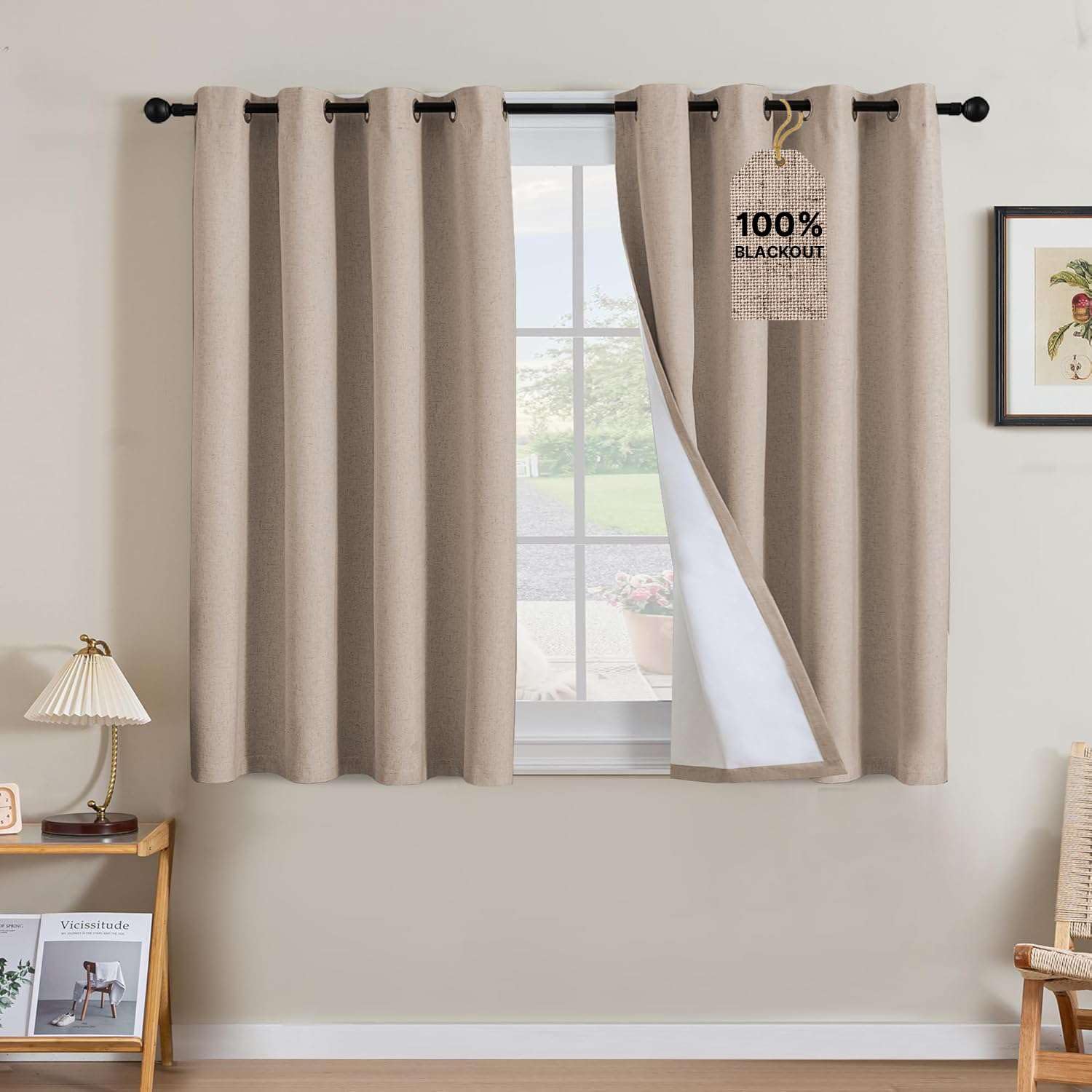 H.VERSAILTEX Linen Curtains 100% Blackout Curtains for Bedroom 45 inch Long Full Light Blocking Nature Linen Blended Window Curtains for Living Room Nickel Grommet (2 Panels, Heathered Sand)