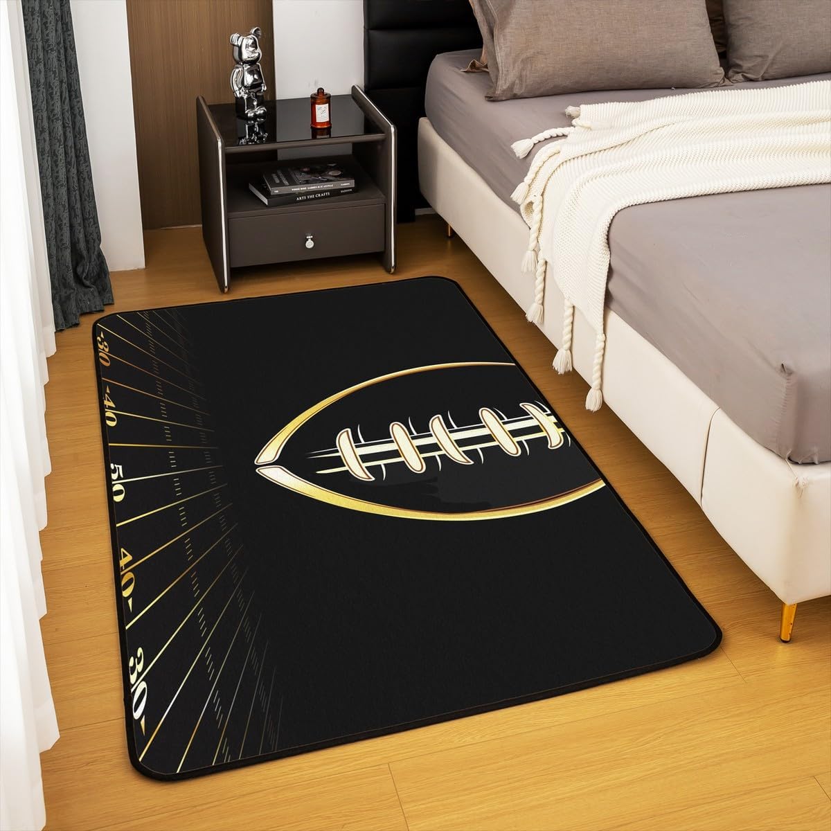 Kids Football Area Rug 4x5 American Football Sport Arena Rugs for Living Room Bedroom for Boys Girls Rugby Games Decorative Carpet Golden Black Floor Mat