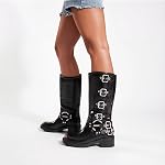 DREAM PAIRS Bottes de moto à haute boucle de genou pour femmes Bottes à moto à talons ronds à talon moyen Bottes d'équitation