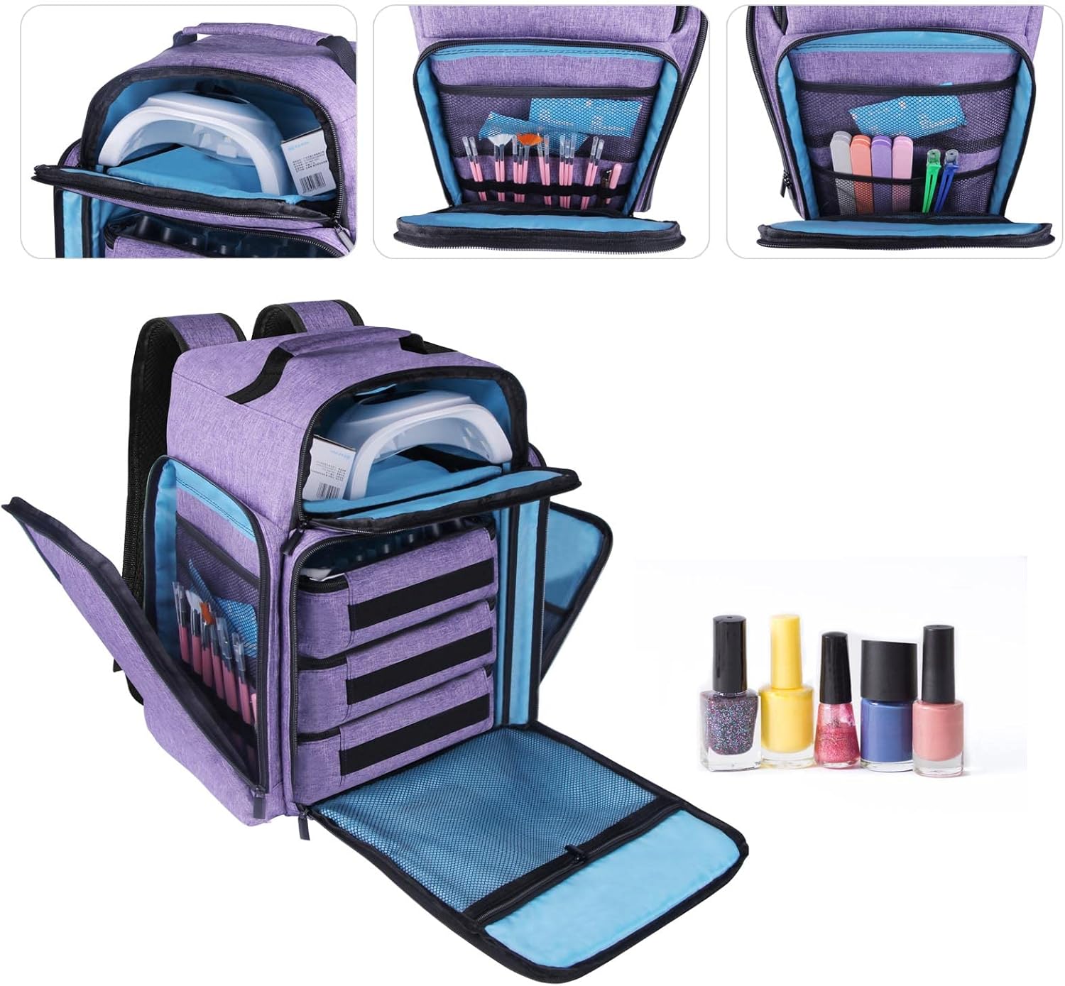 Nail Polish Organizer Backpack Holds 108 Bottles(15ml - 0.5 fl.oz) and a Nail Lamp, with 3 Removable Storage bag for Nail Tech(Purple)