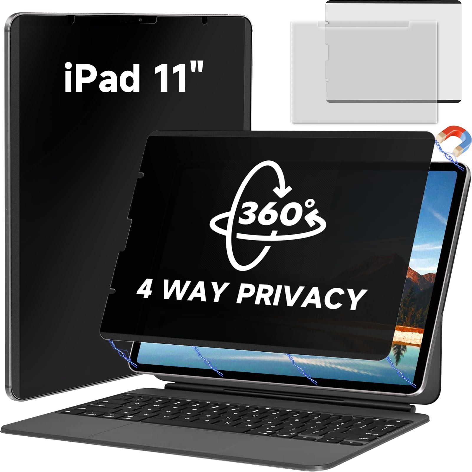 360° Magnetic Privacy Screen Protector for iPad Pro 11" Air 5th/4th(2018-2022) 10.9In, Landscape+Portrait Privacy Filter Removable Bubble-Free Film, Sensitivity Shield Apple Pencil &amp; Case Friendlly