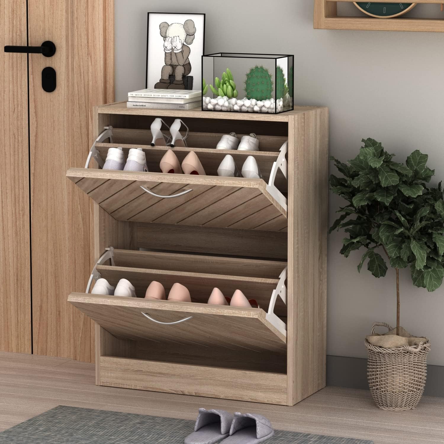 Homsee Modern Shoe Storage Cabinet with 2 Flip Drawers & Twill Louver Doors, Wood 2-Tier Shoe Rack Storage Organizer for Entryway, Hallway & Bedroom, Brown (22.4”L x 9.4”W x 29.5”H)