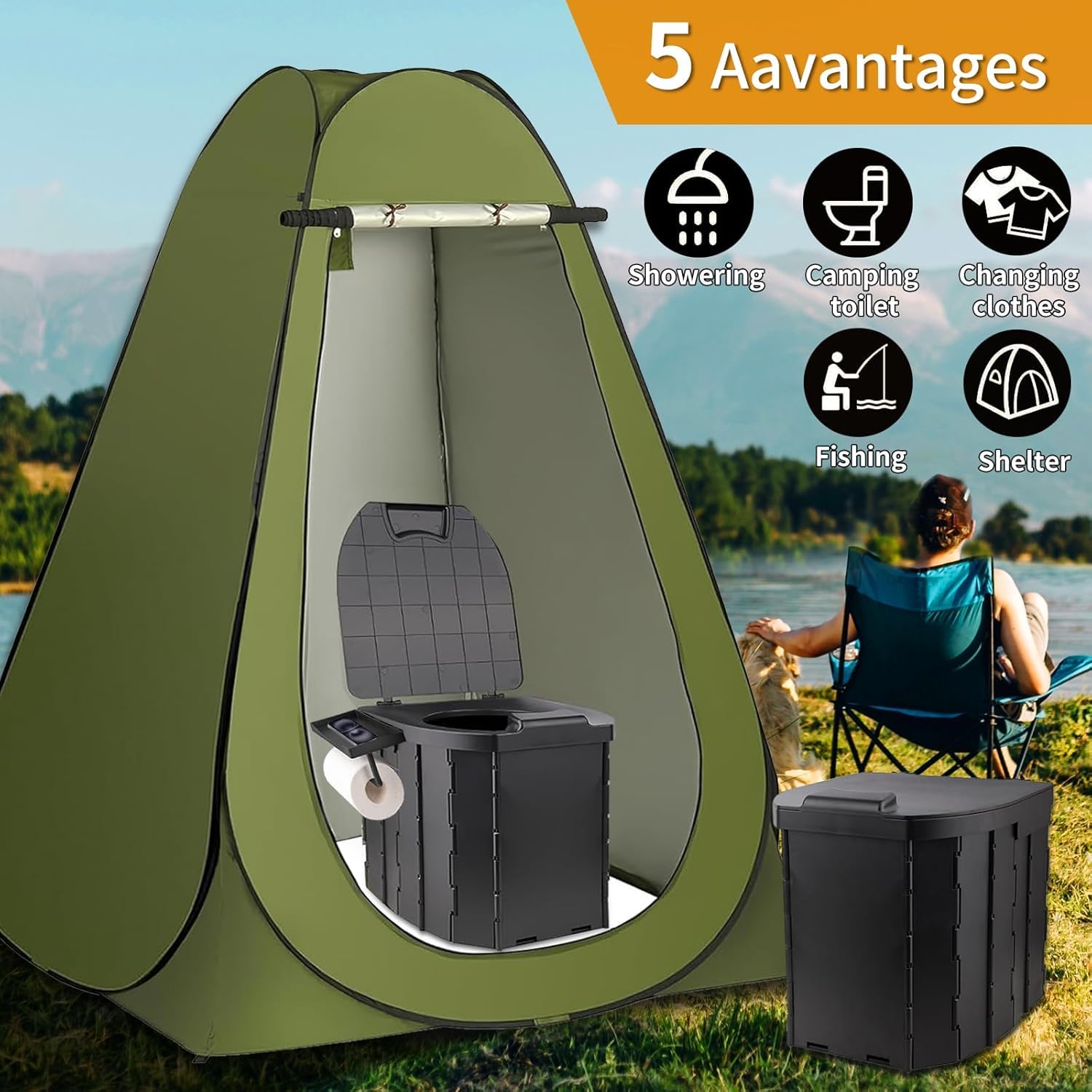 Kit de inodoro portátil, inodoro de camping con tienda de campaña retráctil y bolsa de inodoro, lavable, portátil, ducha al aire libre, vestuario para pañales
