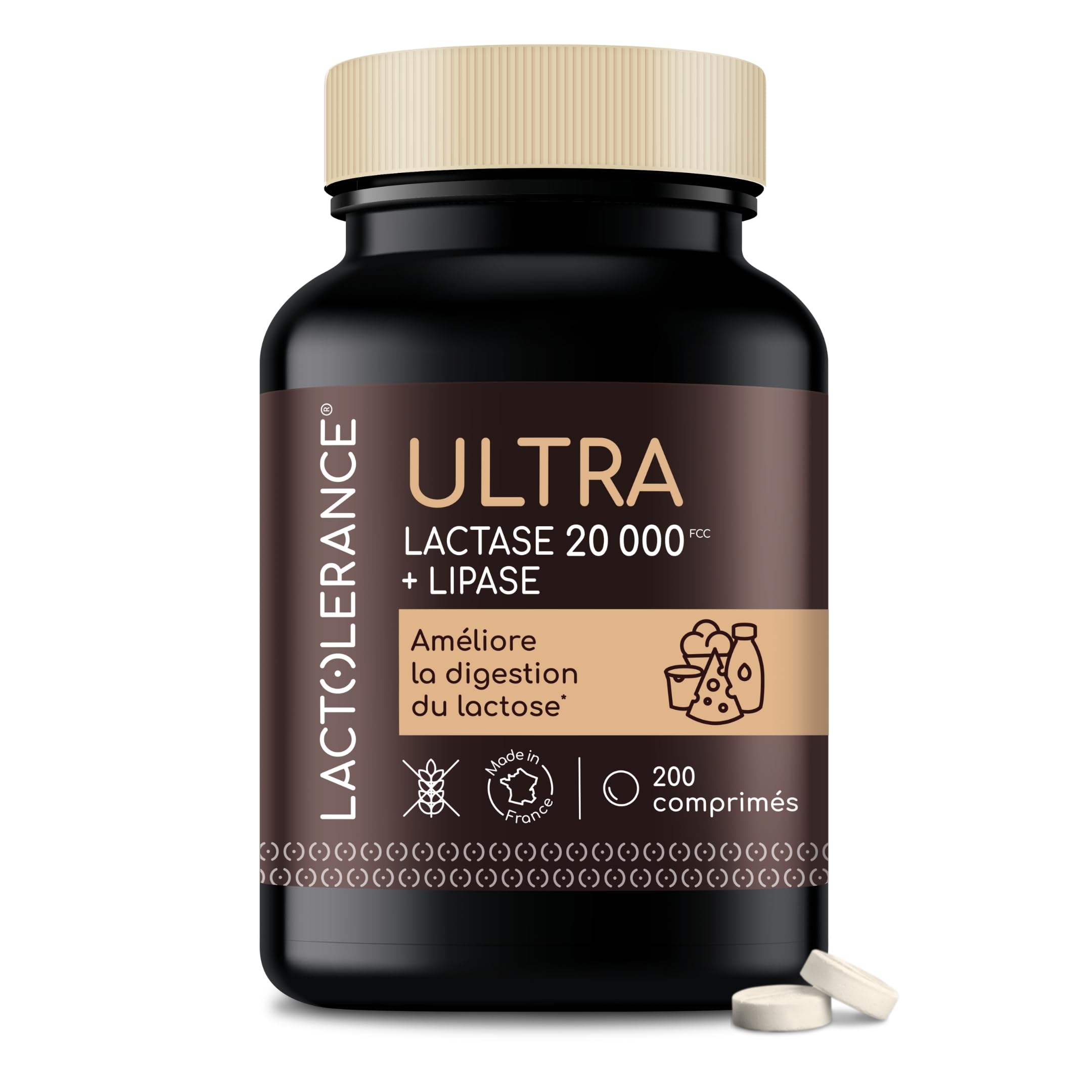 LACTOLERANCE ULTRA Lactase 20 000 FCC Lipase 500 UI 200 Comprimés Double action lactose et graisses enzymes digestives