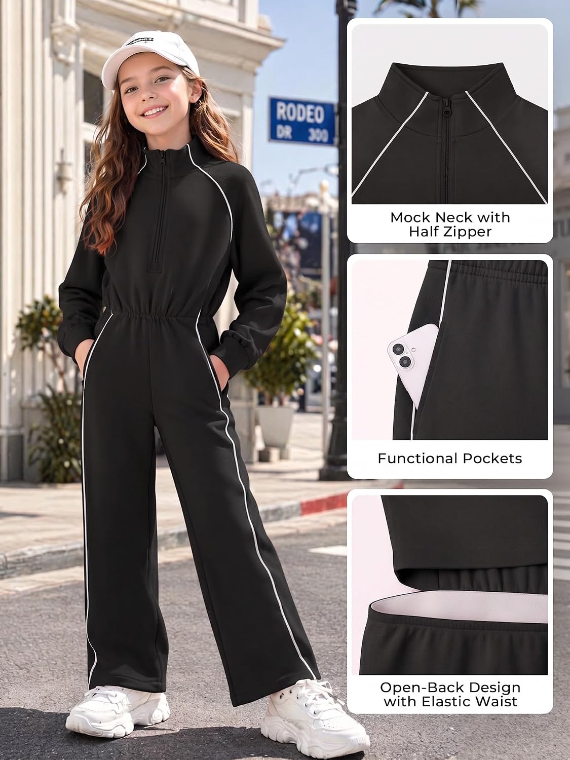 Haloumoning Girls Long Sleeve Jumpsuit Half Zip Mock Neck Wide Leg Rompers