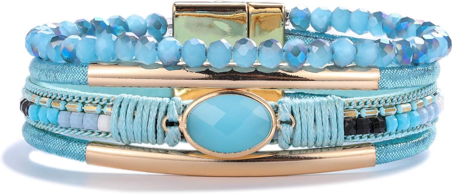 FANCY SHINY Leather Wrap Bracelets Crystal Beads Bracelet Boho Cuff Stone Charm Bracelets with Clasp Costume Jewelry for Women