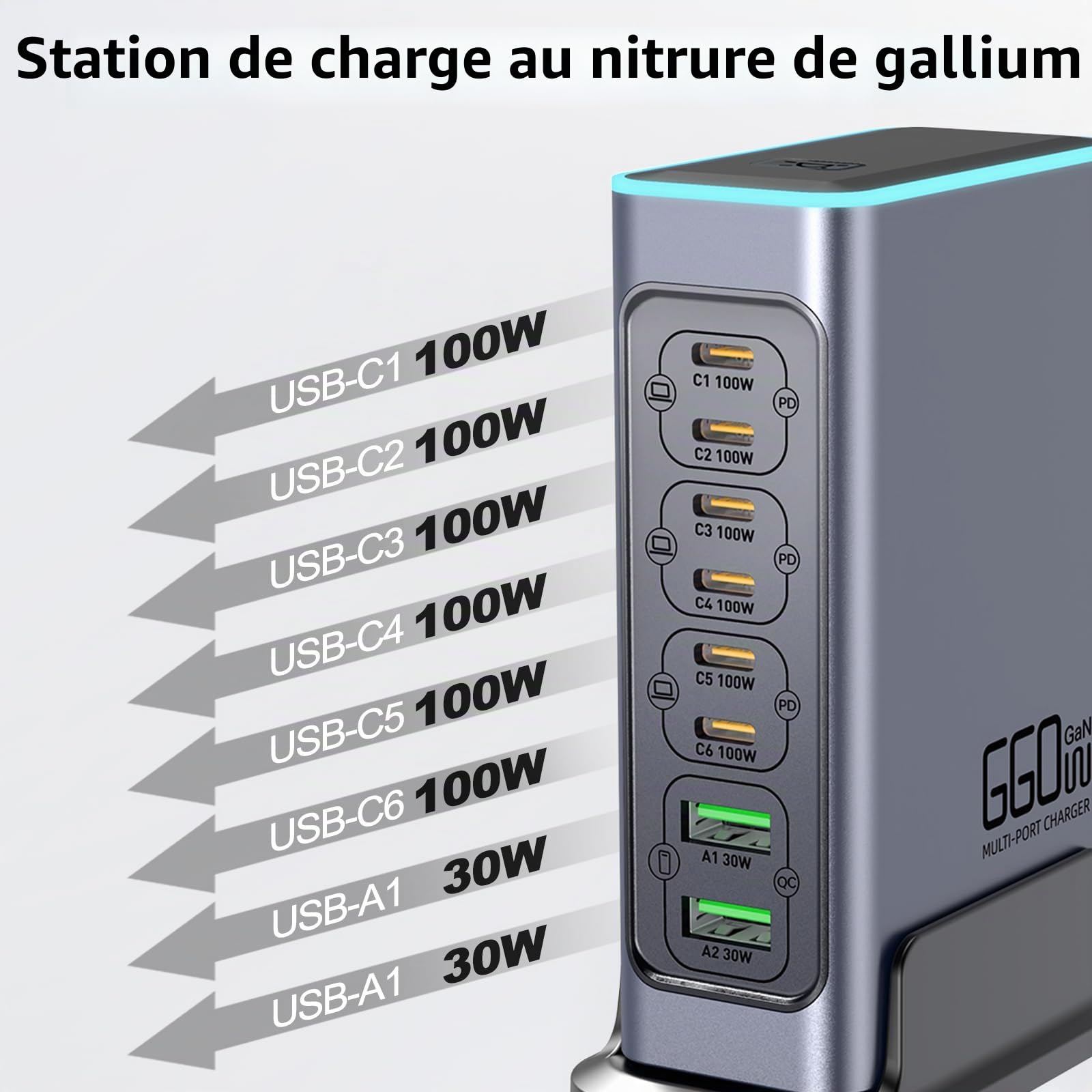 Chargeur USB C 660W à plusieurs ports, technologie GaN 8 ports, chargeur rapide PD 100W, hub de station d'alimentation USB, compatible avec ordinateur portable, MacBook/iPad/iPhone/Samsung