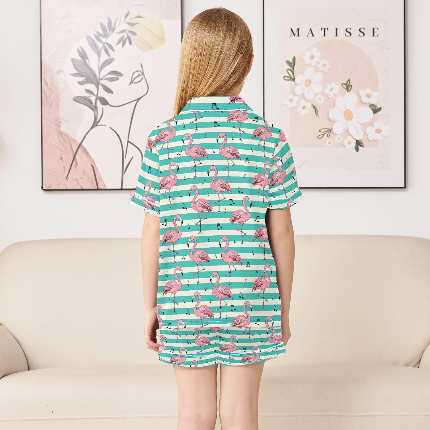 Kids Satin Wear Set Flamingo Stripe Musical Notes Pattern Relaxing Clothing Short Sleeve and Shorts
