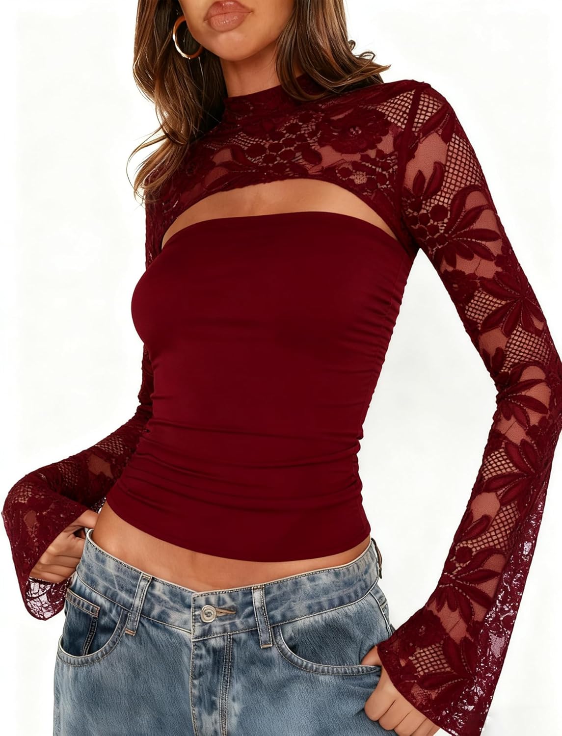 Women’s Lace Long Sleeve Going Out Top Sexy Cut Out Y2K Crew Neck Club Party Night Out Tops Mesh Lace Blouse Shirt - Image 2