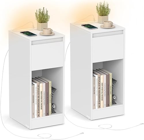 VASAGLE - Slim Bedside Tables with Charging Station and LED Light, Set of 2 Narrow Side End Tables, USB Ports, for Bedroom, Living Room, Cloud White KAILYN Collection LET710W01