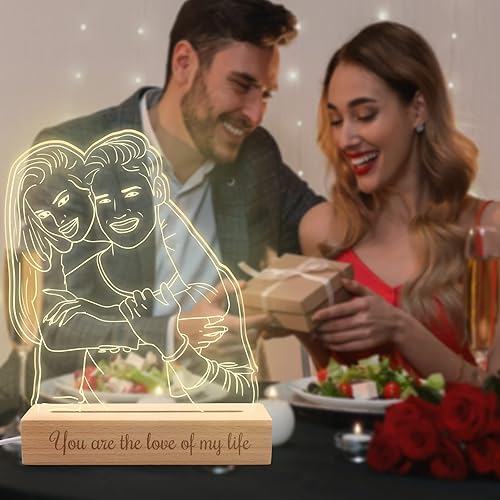 Miniatura 6 de YAEILOV Luz nocturna de retrato 3D personalizada con foto lámpara LED personalizada con nombre placa de imagen acrílica soporte grabado de madera