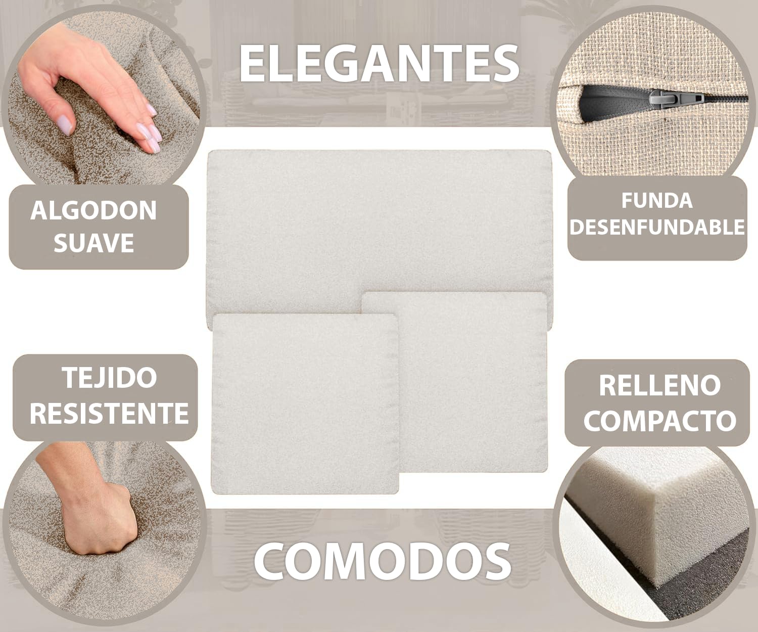 HAND 2 Cojines de Exterior de 52 x 50 cm, para sillas de jardín, Asiento Acolchado, Suave y Resistente, Cojines para Muebles de Exterior, 100% algodón, Fabricado en Italia (Crudo)
