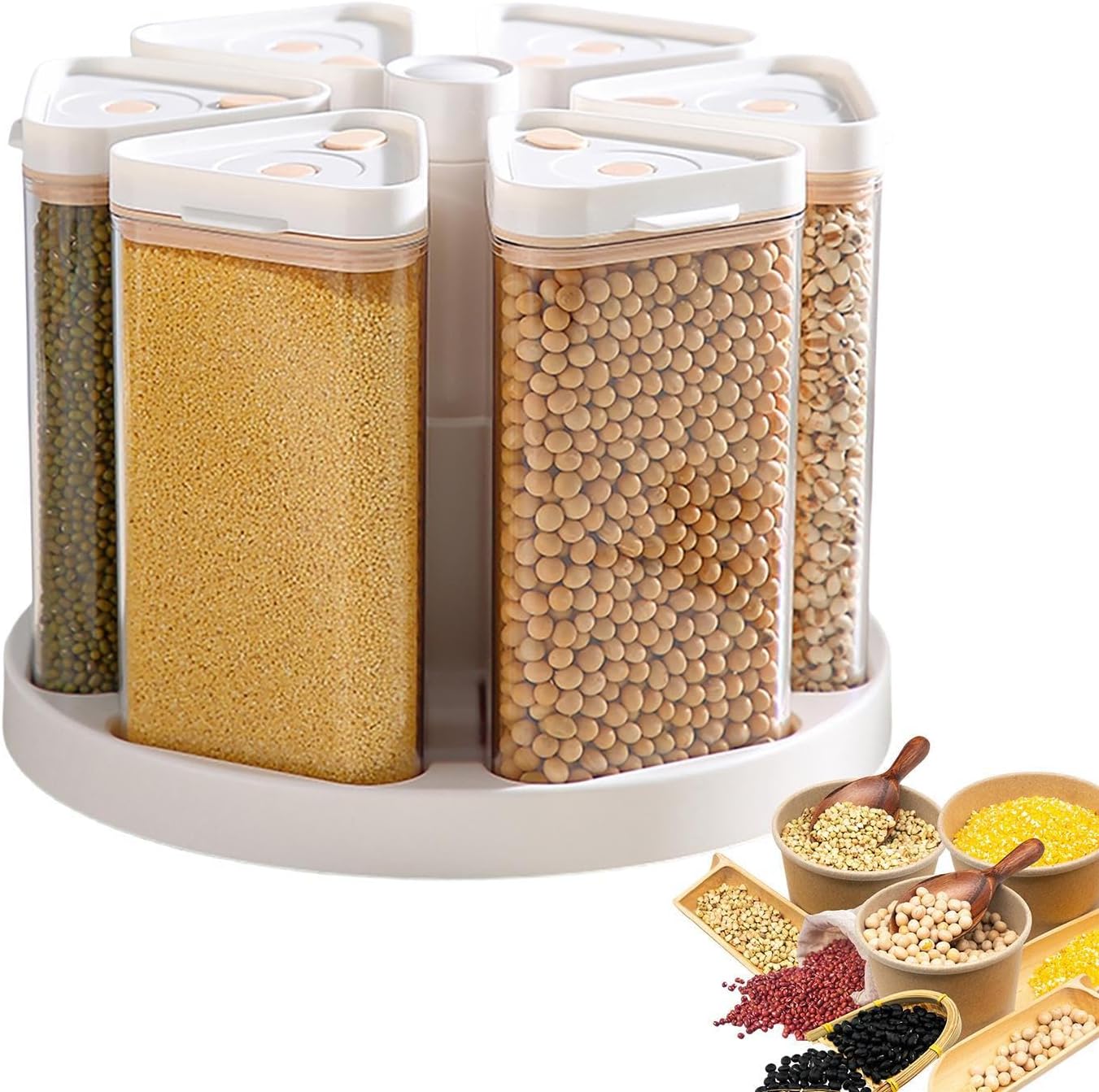 Rotating Grain Distributor With Vacuum Pump, 6-grid Large Rice Storage Container, Grain Dispenser 360°Rotating Rice Food Dispenser 6 Grids Grains Container, Small Food Storage Containers With Lids