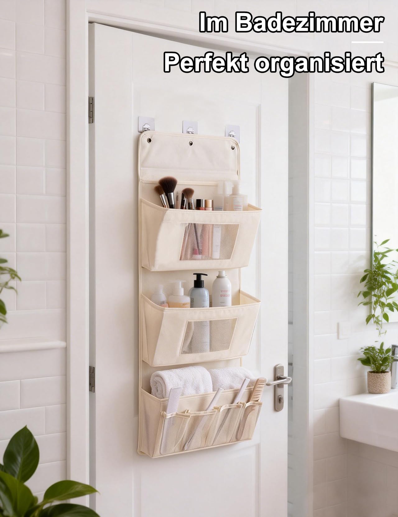Hängeorganizer 3-Schichten 40x90cm – Faltbarer Wandorganizer aus Oxford-Stoff mit 3 Haken, Tür Organizer ohne Bohren, Aufbewahrung für Badezimmer, Kleiderschrank (Aprikose)