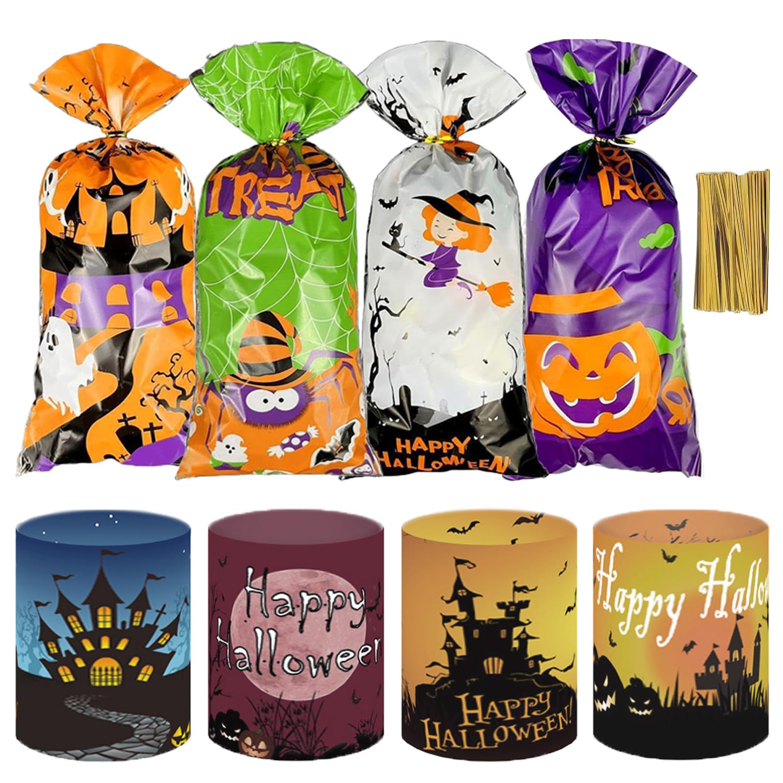 PacuM 58 Stück Halloween Tischdeko Halloween Tüten für Süßigkeiten | Halloween Deko für Kürbis Windlicht, Halloween Tüten mit Twist Krawatten Kürbis Fledermaus Spinnennetz Muster Design
