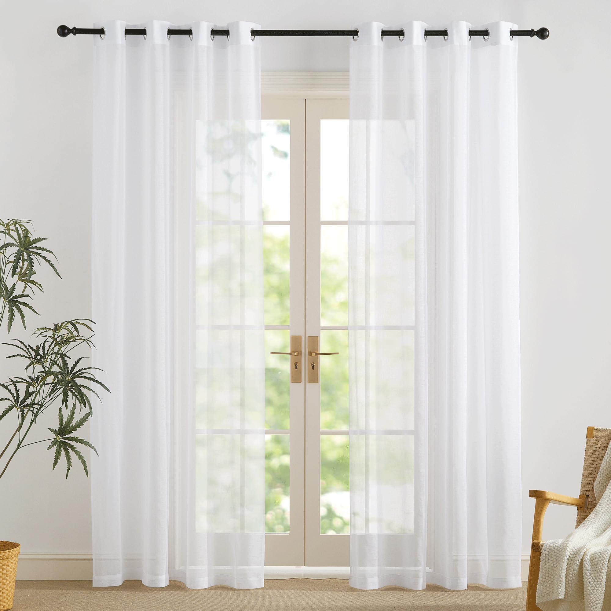 PONY DANCE Voile Gardinen 230 cm Hoch Wohnzimmer Vorhänge Weiss Transparent Leinenoptik Vorhang Durchlässig Gardinenschals mit Ösen Sheer Curtains, 2 Stücke H 230 X B 140 cm, Weiß