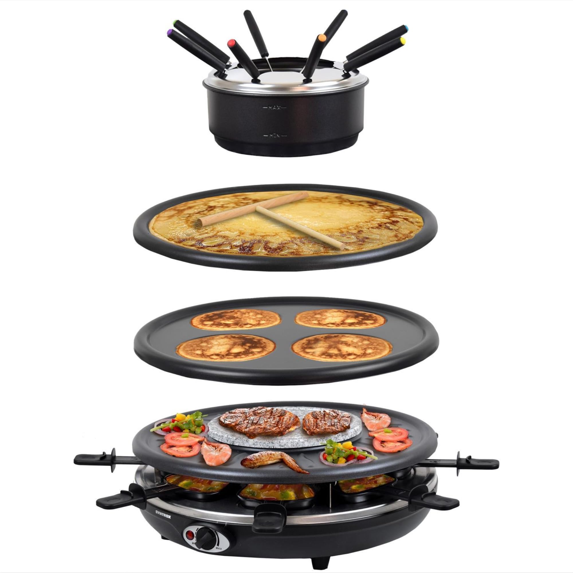 Syntrox Germany Raclette-Grill Set Emailliert Wades mit Fondue und Wechselplatten, Multifunktions Raclette, Pancake Crepe Maker, 8 Personen, 1350 Watt, Antihaftbeschichtet, Platzsparendes Küchengerät