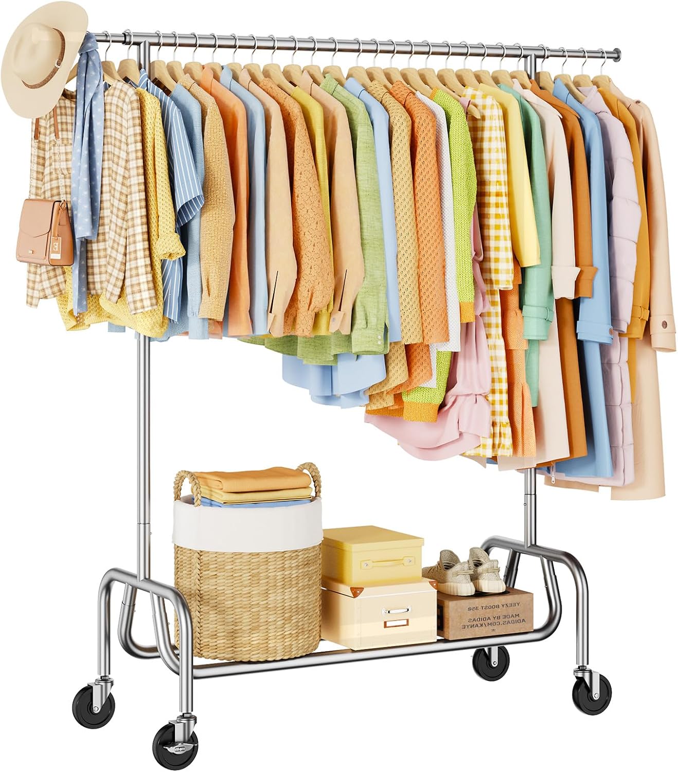 Clothes Rack with Wheels, Rolling Clothing Rack with Shelf, Heavy Duty Clothes Racks for Hanging Clothes, Metal Standing Garment Racks, Silver
