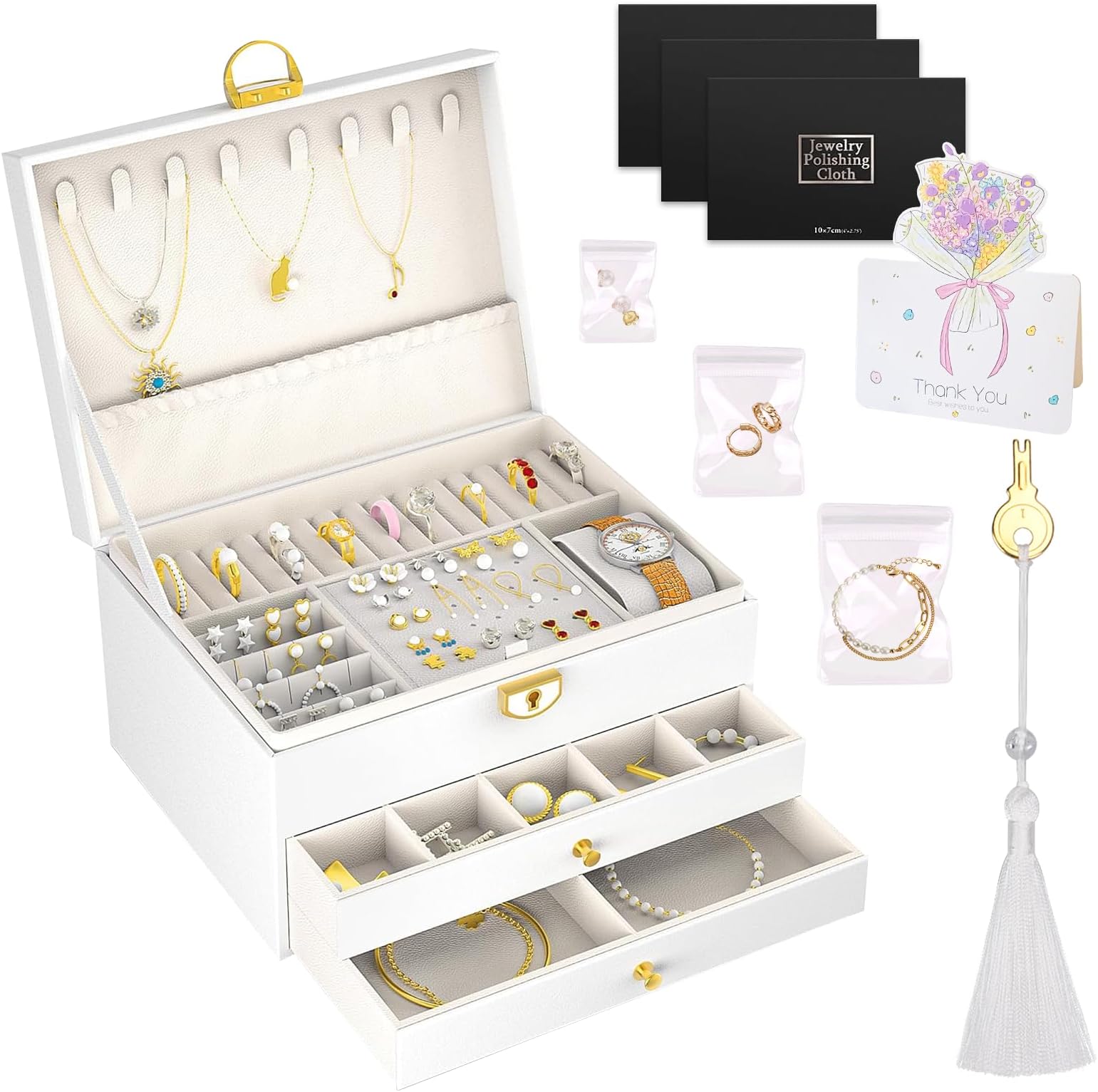 Boite A Bijoux En Cuir Imperméable, Boite à Bijoux 3 Couches, Boite A Bijoux Pour Femme Filles,Rangement Bijoux Verrouillable Avec Clef, Boite à Bijoux Pour Filles Ranger Bagues Colliers Montres