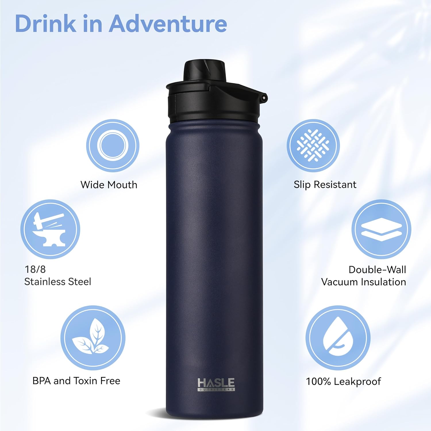 HASLE OUTFITTERS Insulated Water Bottle 22 oz Double Wall Stainless Steel Water Bottle Wide Mouth with Straw Lid & Spout Lid Keeps Cold or Hot(Navy,1) - Image 2