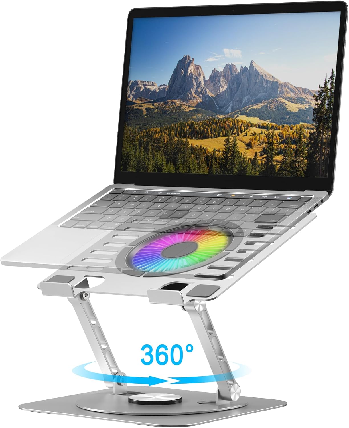 Laptop Stand,with 360°Rotating Base,External Cooling Fan,Adjustable RGB Lighting,Ergonomic Foldable Notebook Computer Holder.Compatible with All 10-17″ Laptops Tablets,Silver