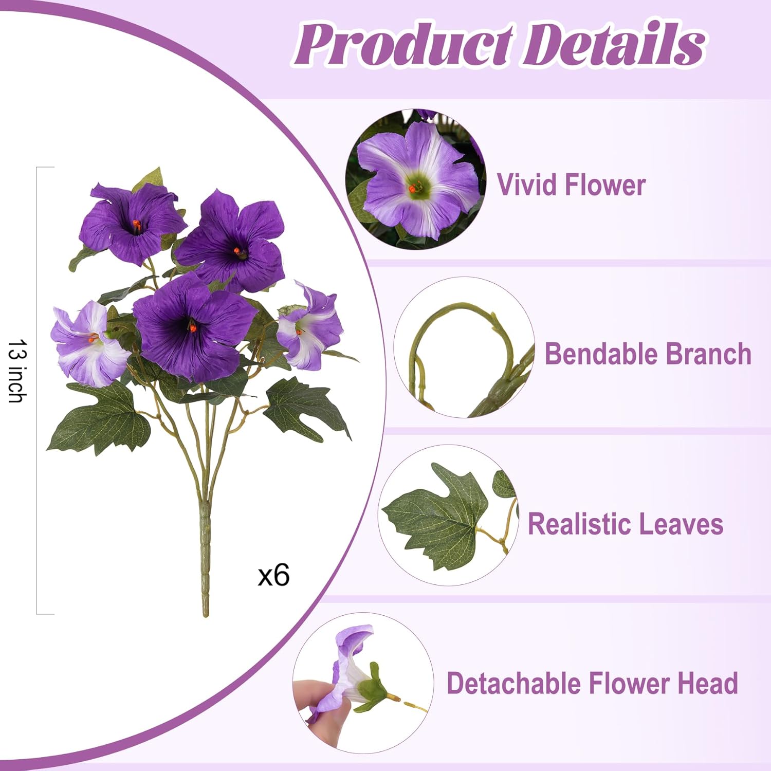 Ammyoo 6 Pcs Artificial Flowers Fake Petunias for Outdoors, Faux Flowers for Outdoor Planter, UV Resistant Realistic Fake Plants for Outside No Fade for Garden Porch Patio Indoor Room Decor(Purple)