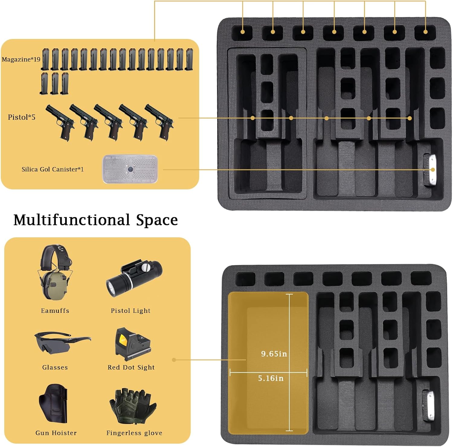Hard shell protective storage case, capable of holding multiple handguns, pre-cut heavy-duty waterproof and dustproof hard shell design, includes silicone canisters and gun holsters, black.