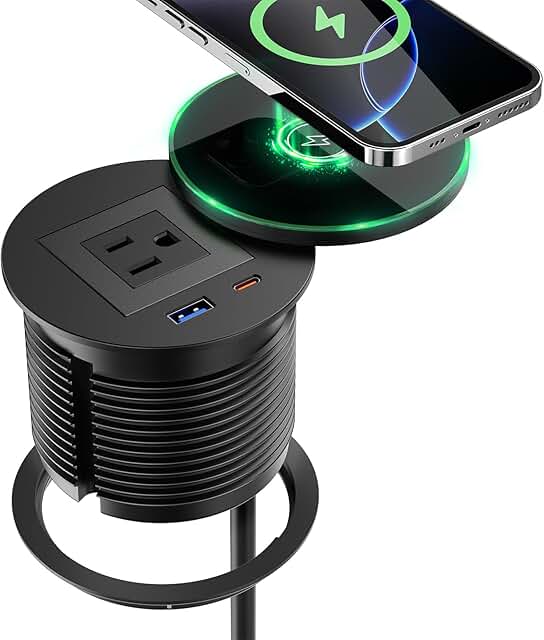 QBA Recessed Power Grommet with 15W Wireless Charger, PD 30W USB-C Port,...