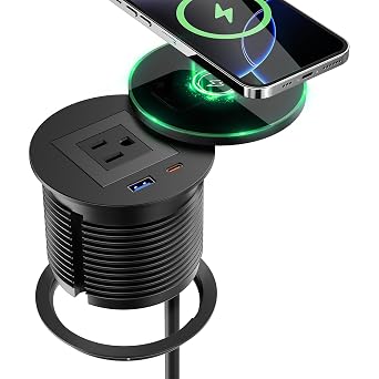 QBA Recessed Power Grommet with 15W Wireless Charger, PD 30W USB-C Port, 1 AC Outlet, 3-1/8 Inch Flush Mount Power Strip for Furniture Nightstand Desk Outlet, ETL Listed