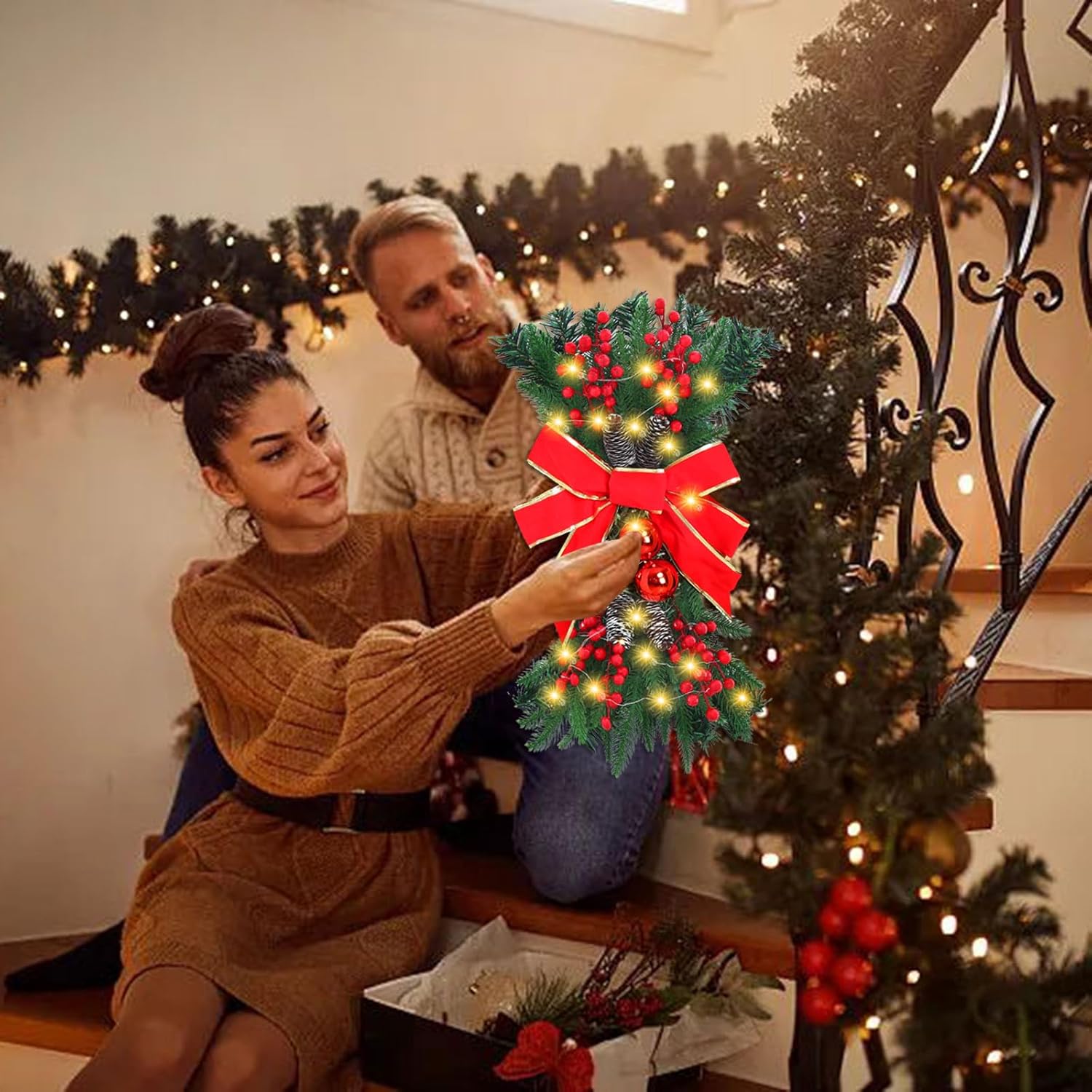 Christmas Swags Prelit Garland for Stairs,Artificial Cordless Stairway Teardrop Swag,LED Lights Pre-Lit Wreath,Trim Xmas Staircase Decor Hanging Pendant,Front Door Wall Decor (Red, 2 Pack)