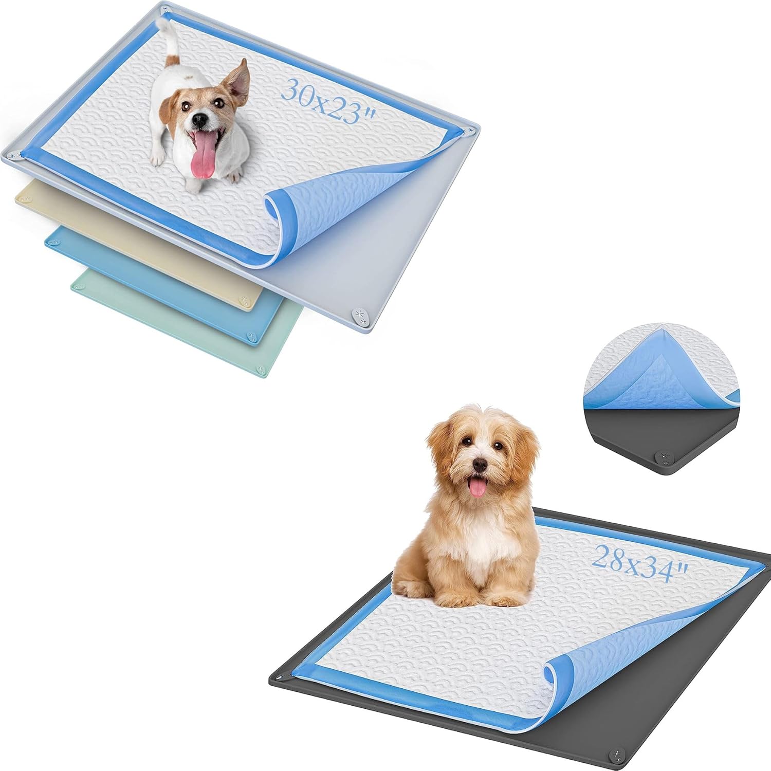Skywin Dog Puppy Pad Holder Tray 30X23” (Grey) + 28x34” (Grey) - Silicone, No Spill Pee Pad Holder for Dogs - Pee Pad Holder Works with Most Training Pads, Easy to Clean and Store