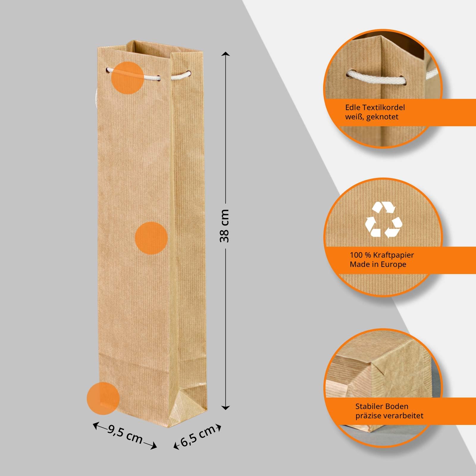100 x Flaschentaschen braun 9,5+6,5x38 cm | Flaschentüten | Geschenktüte Flasche Wein | Weintaschen | HUTNER