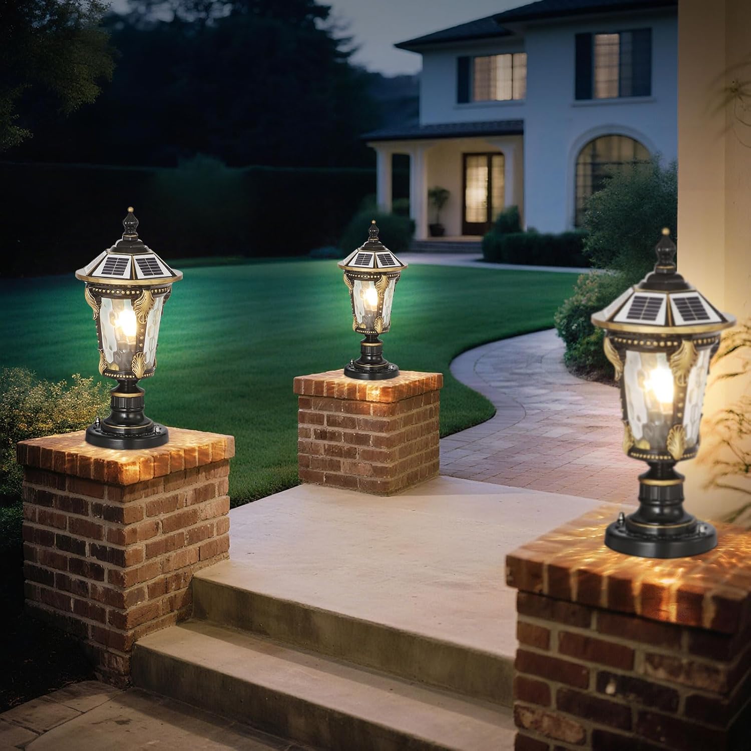 Solar Post Caps Lights for Outdoor 19.29In Black Pillar Lamps with Remote Control Column Lights Waterproof Landscape Pathway Lighting Exterior Fence Deck Caps Lanterns Gate Yard Mailbox Pier Lamps