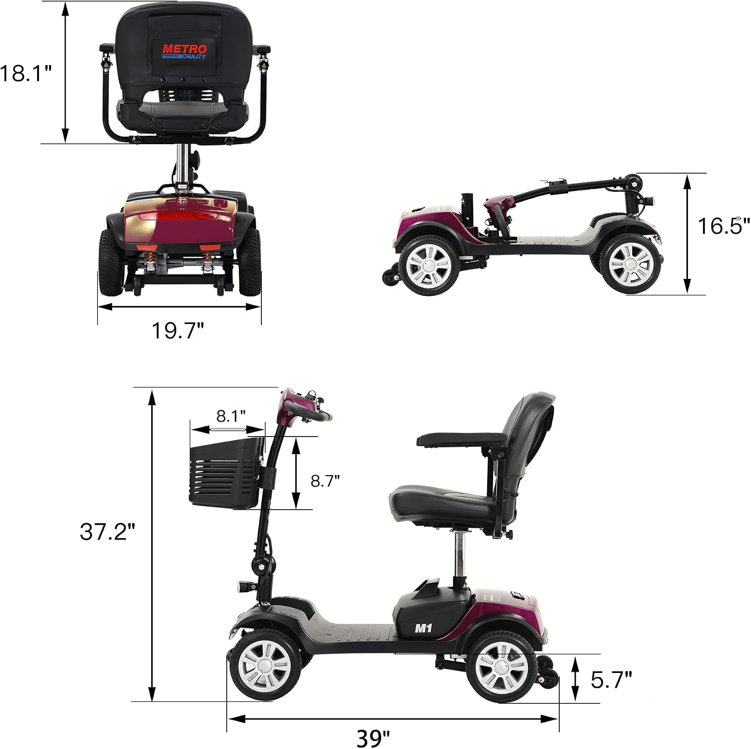 Metro Mobility M1 scooter control panel with speed dial, battery indicator, headlight switch, and horn button