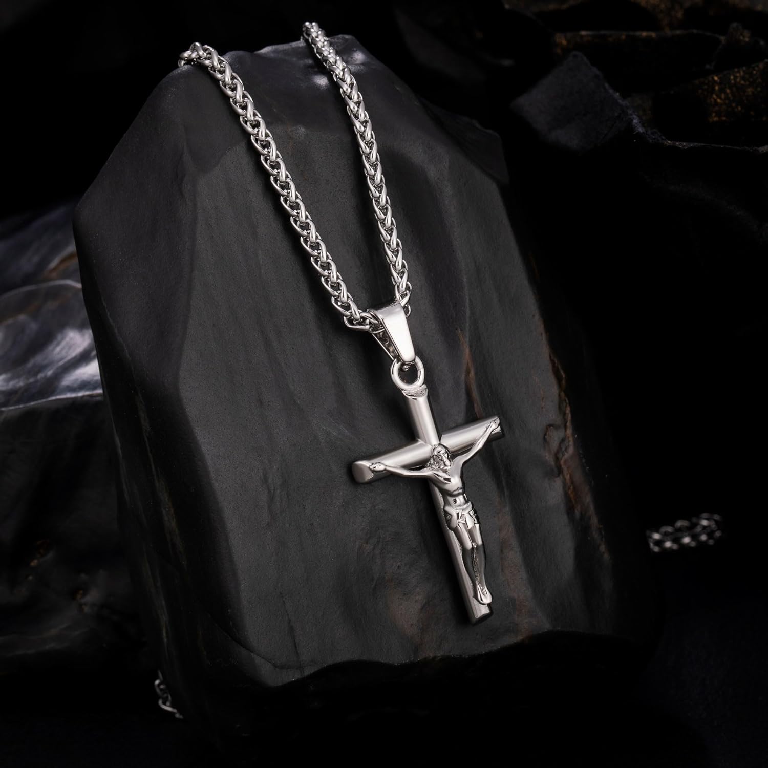 Speroto Jesus Cross Necklace for Men, Silver and Gold Mens Carved Jesus Cross Pendant with Wheat Chain, Simple Jewelry Gift for Men Women - Image 4