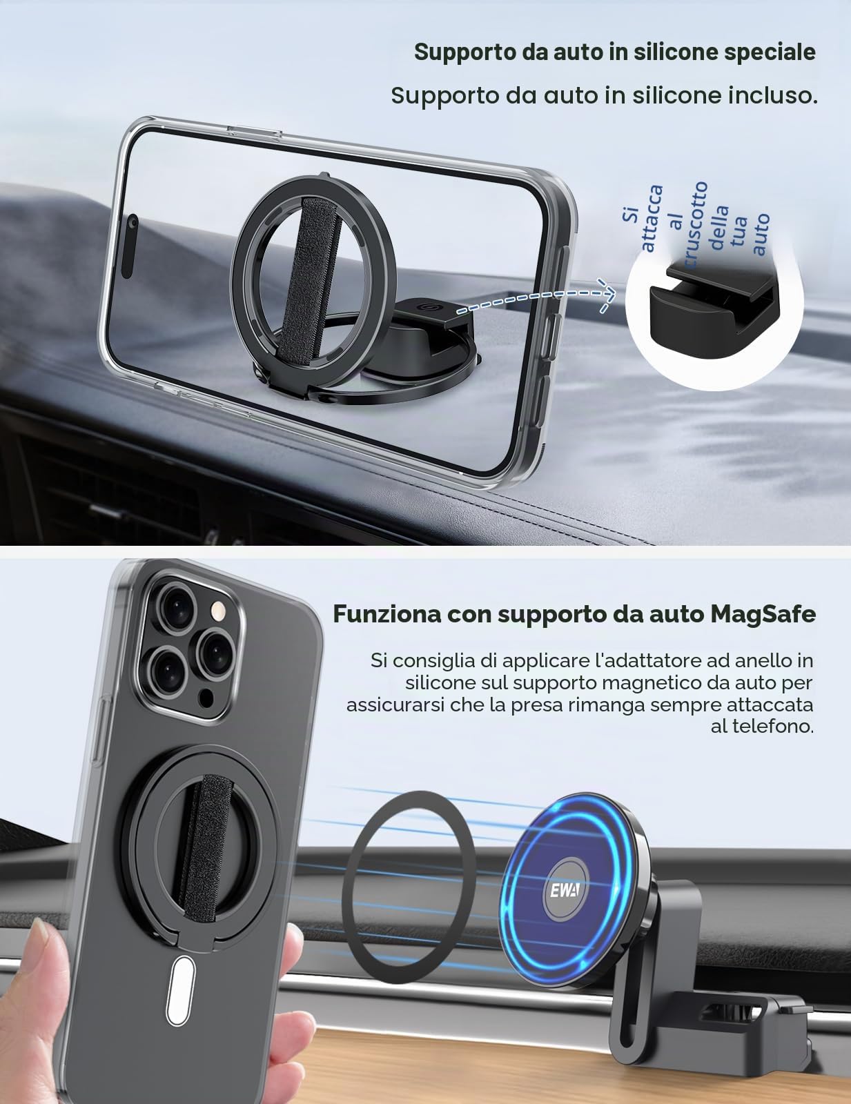 EWA MagOne Ultra Impugnatura per cellulare con cinturino da dito elastico sostituibile, supporto ad anello rimovibile, magnetico su entrambi i lati, per iPhone 15, 14, 13, 12 - Nero