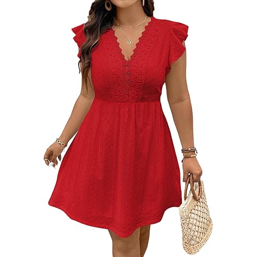 Eytino Plus Size Dresses for Women Summer Ruffle Cap Sleeve Lace V Neck Embroidery Eyelet A Line Dress(1X-5X)